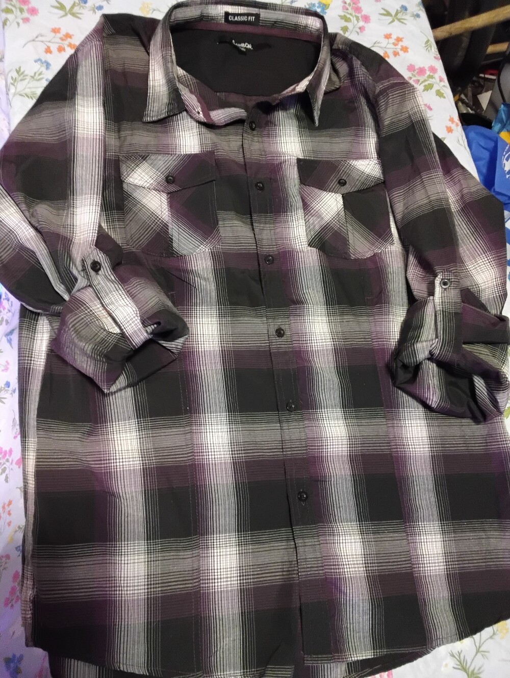 Carbon Mens Size XXL 2X Plaid Purple & Black Shirt Convertible 1/2 Sleeve